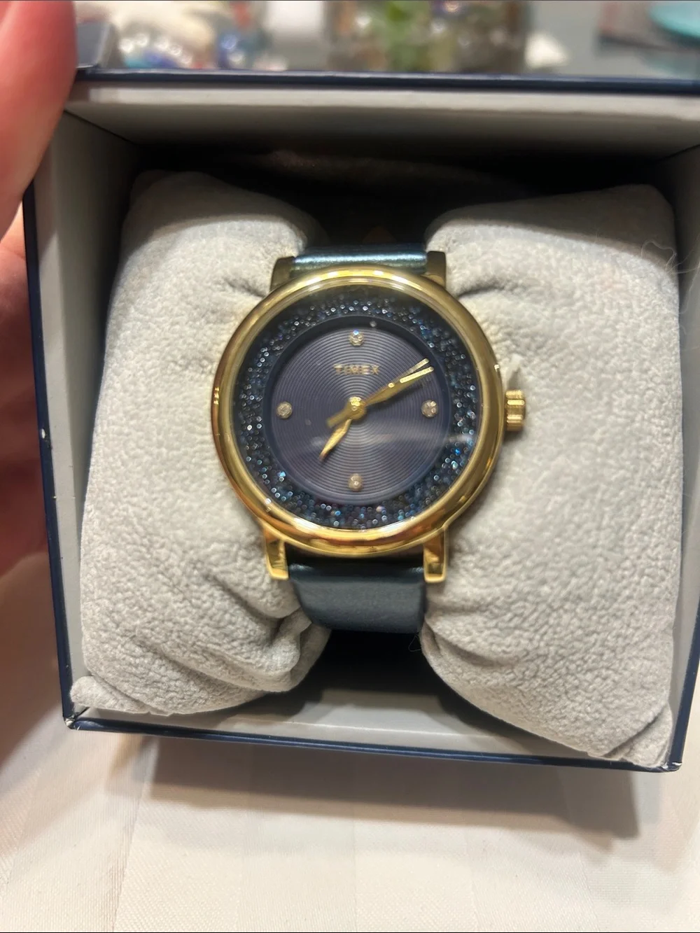 TIMEX Gold-Tone Swarovski  Blue Dial Leather Strap Watch NIB Retail $119